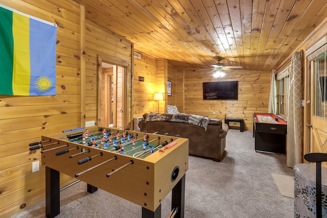 488 Joanne Sisson Rd, Blue Ridge, GA 30513 - playroom featuring wood walls, wood ceiling, carpet, and a ceiling fan