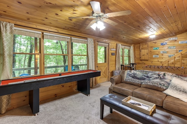 488 Joanne Sisson Rd, Blue Ridge, GA 30513 - carpeted living room with wooden walls, wood ceiling, and ceiling fan