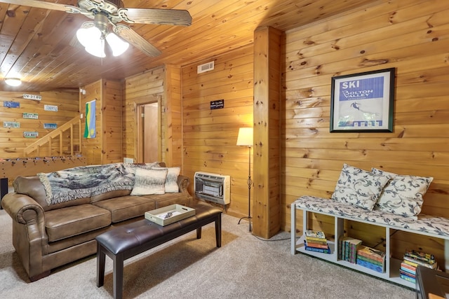 488 Joanne Sisson Rd, Blue Ridge, GA 30513 - living room with carpet flooring, wood ceiling, and ceiling fan