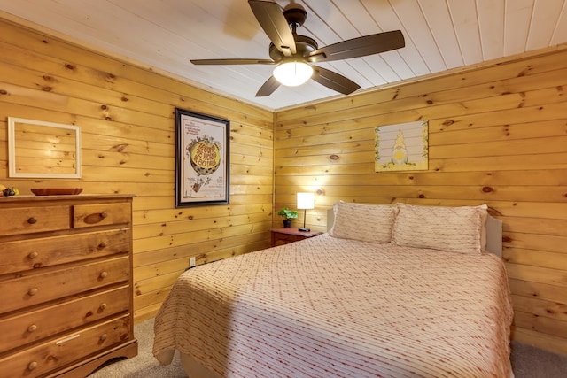 488 Joanne Sisson Rd, Blue Ridge, GA 30513 - bedroom featuring carpet flooring, wood walls, wood ceiling, and a ceiling fan