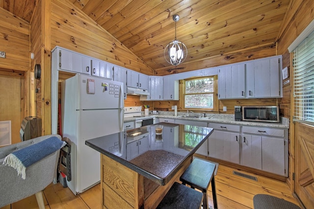 488 Joanne Sisson Rd, Blue Ridge, GA 30513 - kitchen with white appliances, lofted ceiling, a sink, under cabinet range hood, and light wood-type flooring