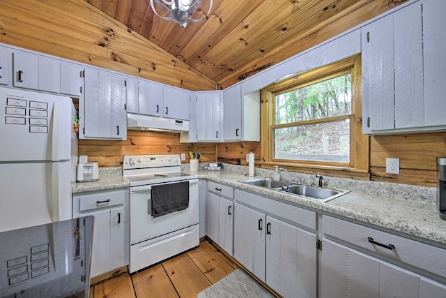 488 Joanne Sisson Rd, Blue Ridge, GA 30513 - kitchen with under cabinet range hood, lofted ceiling, wooden ceiling, white appliances, and a sink