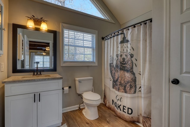 bathroom featuring toilet, vanity, wood finished floors, vaulted ceiling with skylight, and baseboards