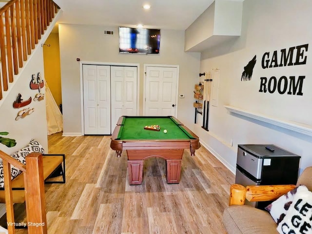 recreation room featuring recessed lighting, billiards, visible vents, baseboards, and light wood-style floors