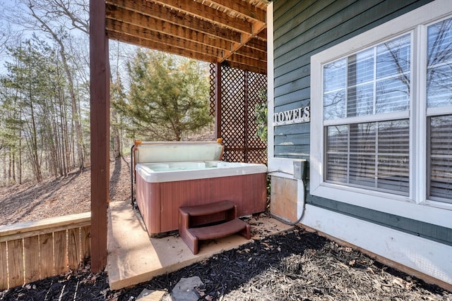 view of patio featuring a hot tub