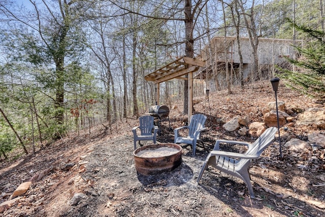 view of yard with a fire pit