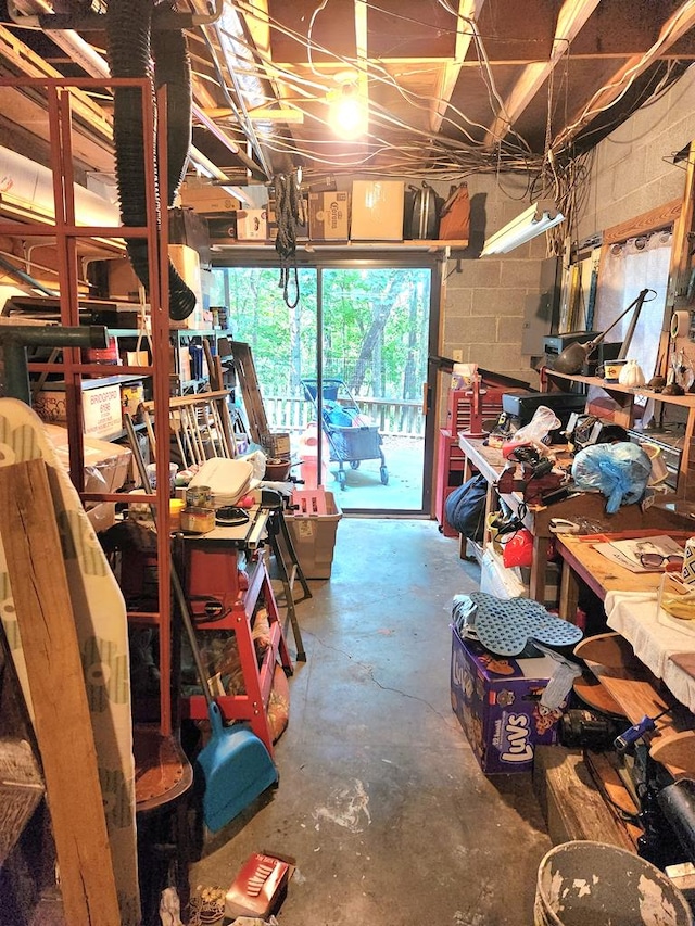 basement with a workshop area