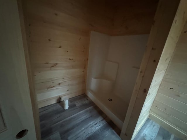 bathroom featuring wooden walls and wood finished floors