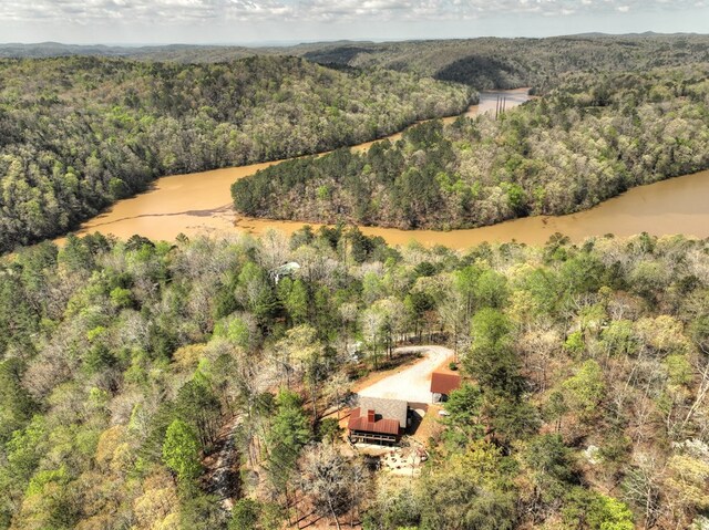 birds eye view of property with a water view and a view of trees