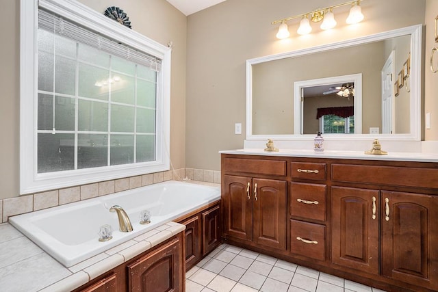220 Oak Ridge Ln, Ellijay, GA 30536 - bathroom featuring a bath, double vanity, tile patterned floors, and ceiling fan