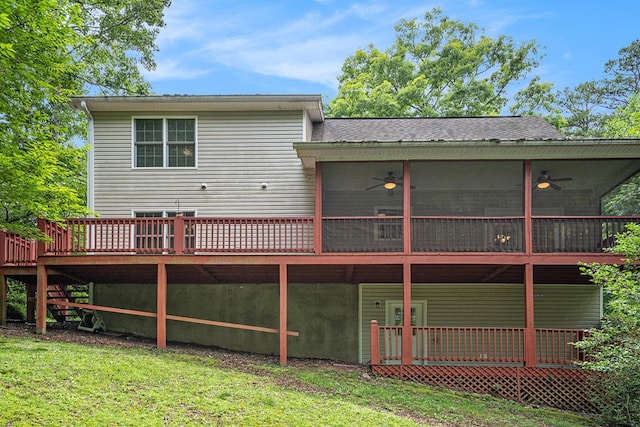 220 Oak Ridge Ln, Ellijay, GA 30536 - back of house featuring ceiling fan, a deck, a lawn, and a sunroom