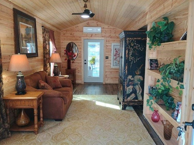 4334 River Bank Run, Hiawassee, GA 30546 - foyer featuring lofted ceiling, wood walls, wood finished floors, wood ceiling, and a ceiling fan