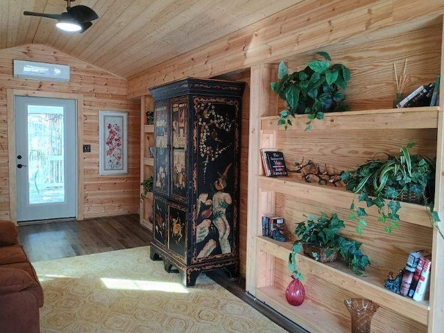 4334 River Bank Run, Hiawassee, GA 30546 - entrance foyer featuring wooden ceiling, wood finished floors, vaulted ceiling, wooden walls, and ceiling fan
