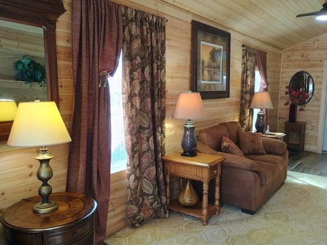 4334 River Bank Run, Hiawassee, GA 30546 - living room featuring wood walls, lofted ceiling, wood finished floors, wooden ceiling, and ceiling fan