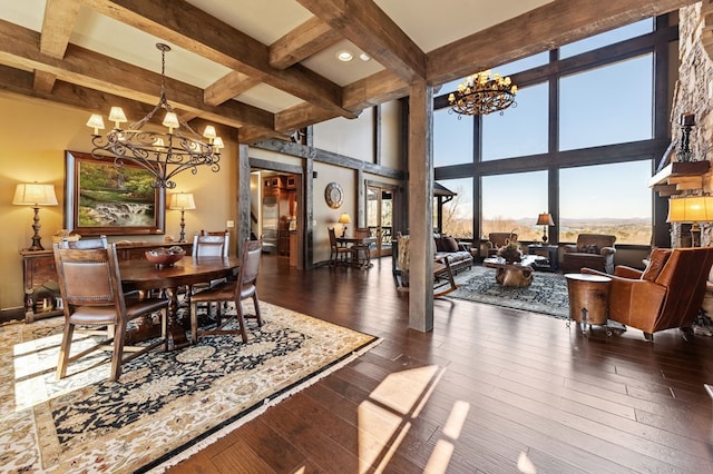 dining area with baseboards, coffered ceiling, dark wood finished floors, beam ceiling, and a notable chandelier