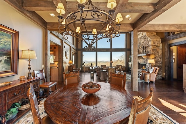 dining area featuring recessed lighting, beamed ceiling, wood-type flooring, and a chandelier