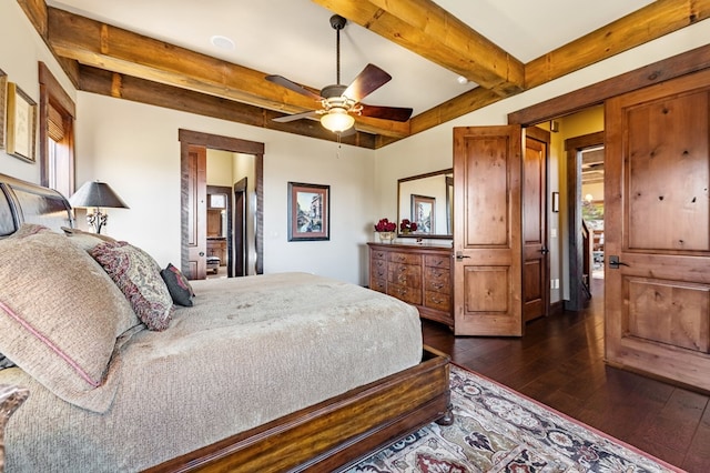 bedroom with dark wood-style floors and beamed ceiling