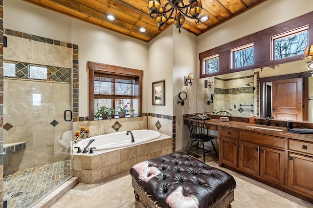 full bathroom featuring a notable chandelier, wood ceiling, a bath, and a shower stall