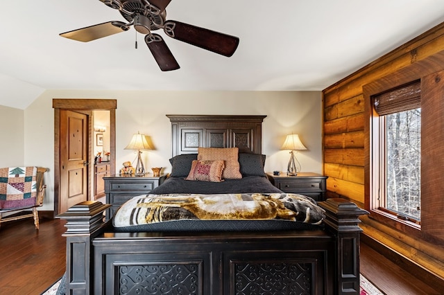 bedroom featuring ceiling fan and dark wood finished floors