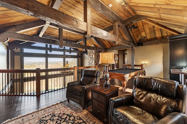 interior space with wooden ceiling, vaulted ceiling with beams, pool table, and wood finished floors