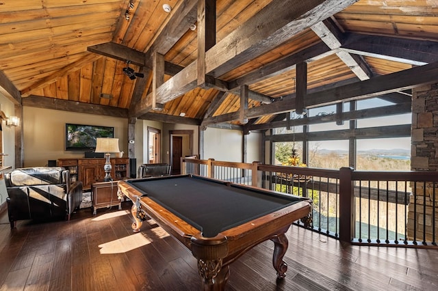 recreation room featuring dark wood-style floors, high vaulted ceiling, pool table, wooden ceiling, and beamed ceiling