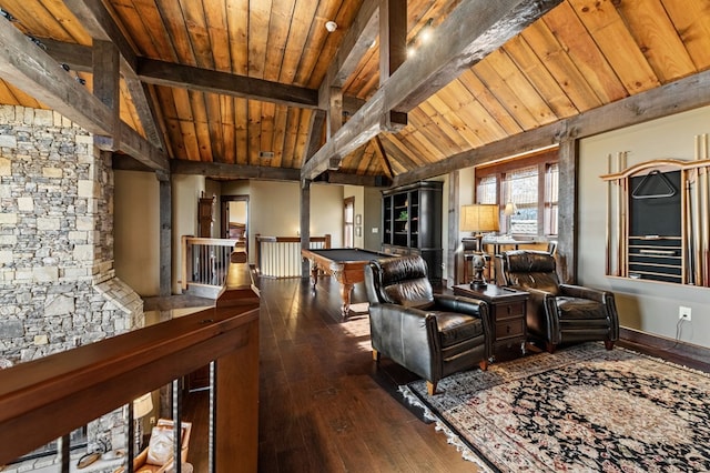 living room featuring lofted ceiling with beams, wood-type flooring, billiards, and wooden ceiling