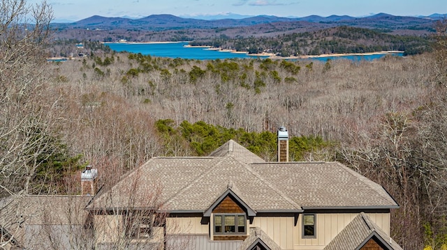 drone / aerial view featuring a water and mountain view