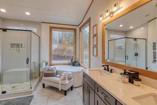 full bath with double vanity, a sink, a freestanding tub, and a shower stall