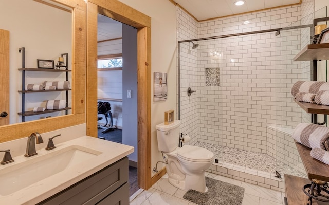 full bathroom featuring vanity, marble finish floor, toilet, recessed lighting, and a shower stall