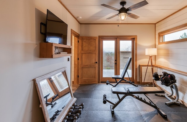 exercise area featuring french doors and a ceiling fan
