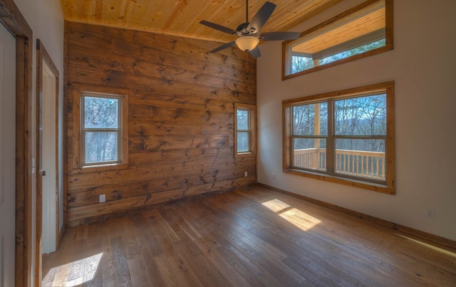 unfurnished room with wooden ceiling, dark hardwood / wood-style flooring, ceiling fan, wood walls, and high vaulted ceiling