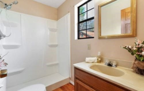 bathroom with toilet, walk in shower, and vanity