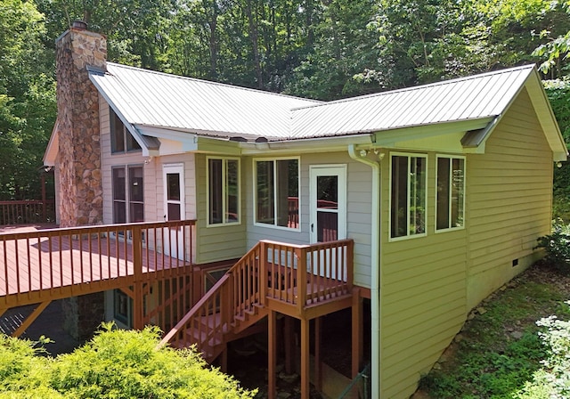 8300 Soapstone Creek Cir, Hiawassee, GA 30546 - back of house with a chimney, a wooden deck, a metal roof, crawl space, and stairs
