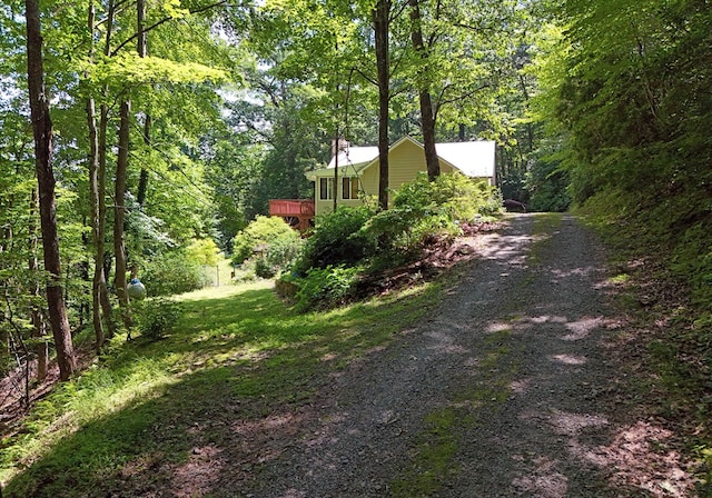 8300 Soapstone Creek Cir, Hiawassee, GA 30546 - view of yard featuring dirt driveway, a forest view, and a wooden deck