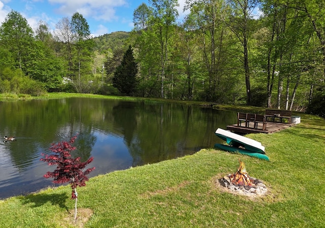 8300 Soapstone Creek Cir, Hiawassee, GA 30546 - dock area with a fire pit, a water view, a view of trees, and a lawn