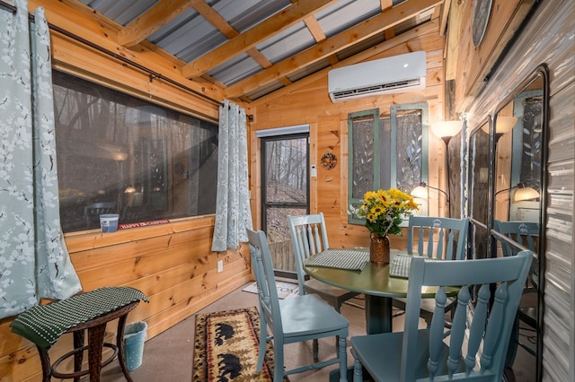 dining space with a wall mounted air conditioner, vaulted ceiling with beams, and wood walls