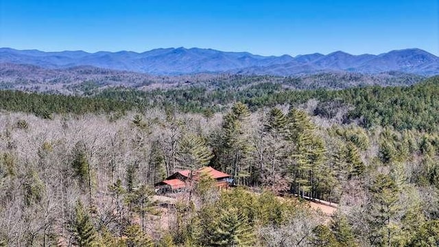 drone / aerial view featuring a forest view and a mountain view