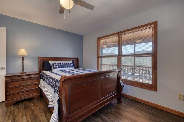 bedroom with ceiling fan, dark wood-style flooring, and baseboards