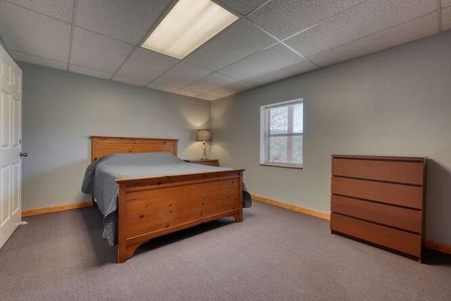 bedroom with a paneled ceiling, carpet floors, and baseboards