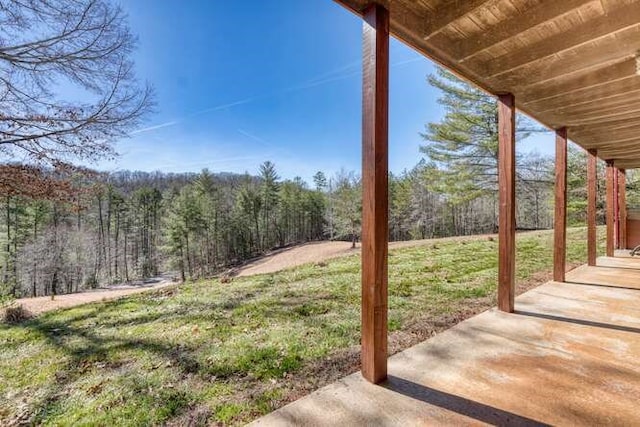 view of yard featuring a patio area and a wooded view