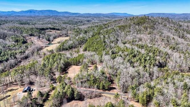 bird's eye view featuring a forest view and a mountain view