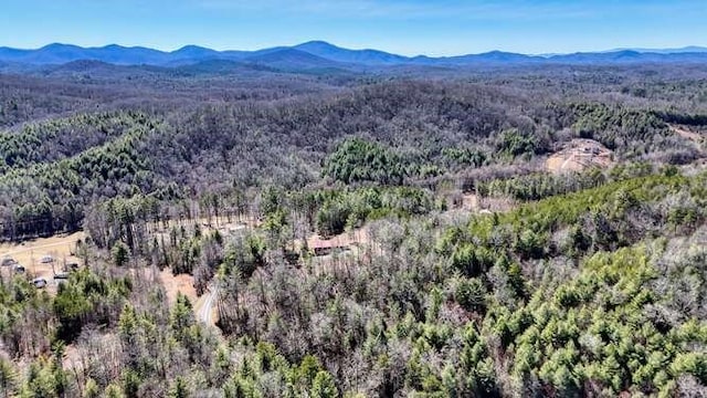 drone / aerial view featuring a mountain view and a view of trees