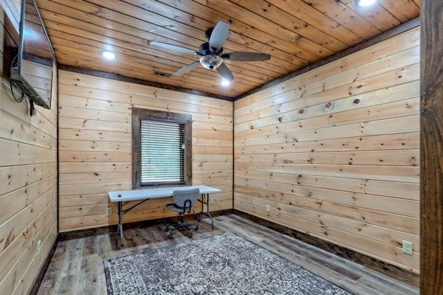 interior space with wood walls, wooden ceiling, dark hardwood / wood-style flooring, and ceiling fan