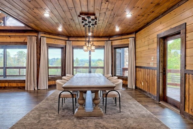 dining space with wood walls, wood ceiling, and dark hardwood / wood-style flooring