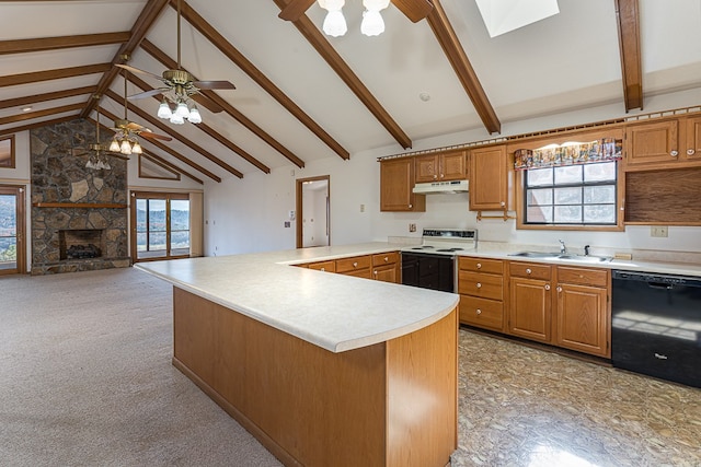 kitchen featuring dishwasher, beam ceiling, white electric stove, and a wealth of natural light