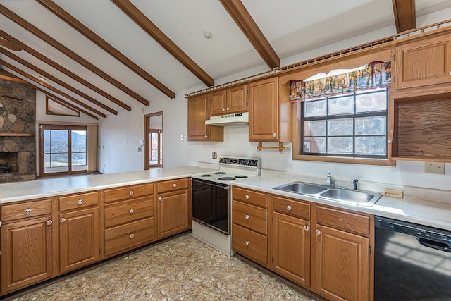 kitchen featuring dishwasher, lofted ceiling with beams, sink, white electric stove, and kitchen peninsula