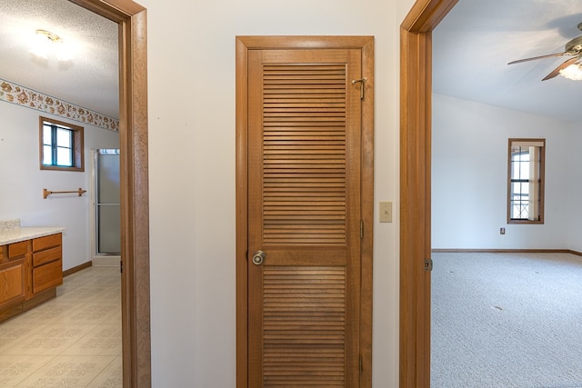 hallway featuring a textured ceiling, light carpet, and vaulted ceiling