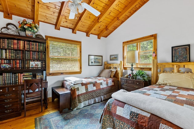 bedroom with wood ceiling, wood-type flooring, and vaulted ceiling with skylight