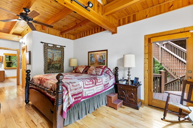 bedroom with wood ceiling, access to outside, and light wood-type flooring