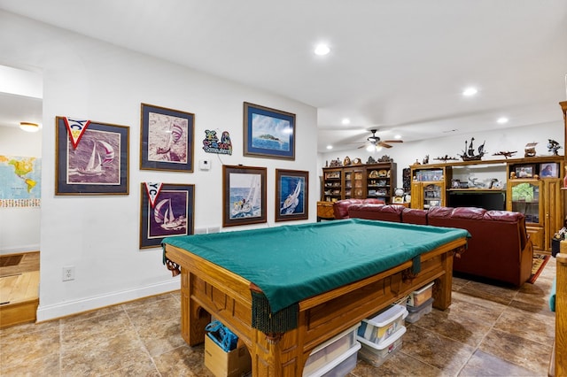 rec room with billiards and ceiling fan